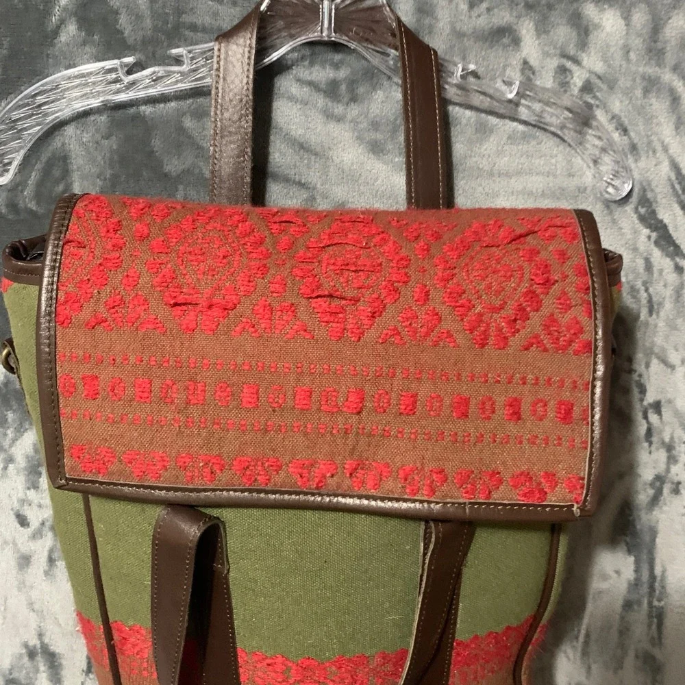 Backpack Womens Tribal Woven Fabric Leather Green Red Boho Embroidered